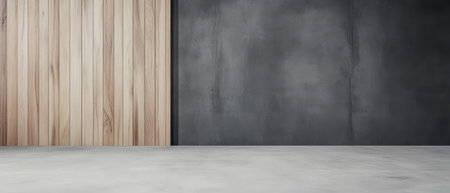 A room showcases a striking contrast between a wooden wall and a gray concrete wall with a smooth concrete floor. The space is well-lit and appears spacious and welcoming.の素材
