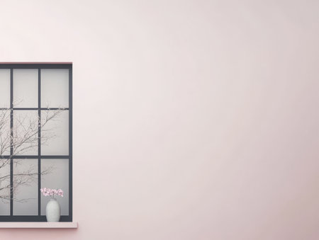 A modern window featuring a stylish black frame overlooks delicate branches and blooming flowers placed in a white vase. The background is a soft pink creating a serene atmosphere.の素材