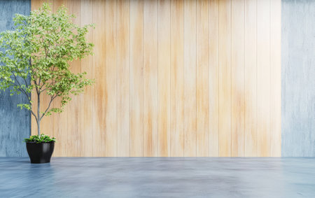 A minimalist indoor area featuring a light wooden wall and a potted tree. The smooth floor enhances the calming vibe making it ideal for relaxation or creative activities.の素材