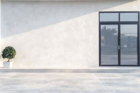 A minimalist exterior showcases a sleek black door accompanied by a potted plant. Sunlight casts soft shadows on the light-colored wall enhancing the clean lines and simplicity of the design.の素材