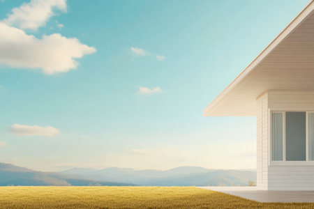 A modern house sits next to a vast grassy area bordered by stunning mountains under a clear blue sky. The vibrant atmosphere enhances the serene setting at midday.の素材