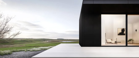A sleek black house sits on a wooden deck offering stunning views of rolling hills and a cloudy sky. The minimalist design highlights a peaceful outdoor space in the early morning light.の素材