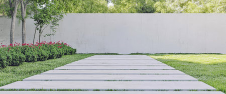 A clean minimalist pathway made of large stones is framed by vibrant greenery and flowering plants creating a tranquil outdoor area. Sunlight gently illuminates the space.の素材