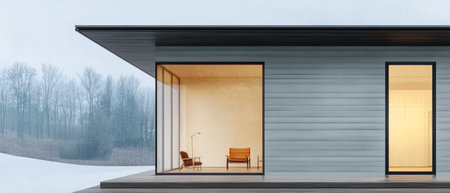 The sleek exterior of a modern house features large glass windows opening to a snowy landscape. Inside minimal furniture is illuminated by warm light creating a cozy atmosphere.の素材