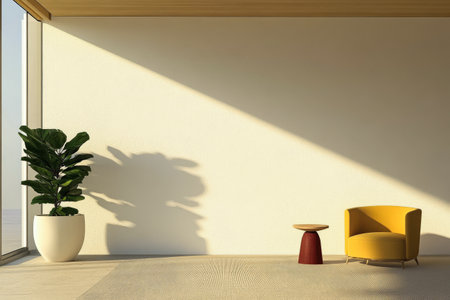 Sunlight streams through a large window casting shadows across a minimalistic room. A bright yellow chair and a stylish plant create a warm and inviting atmosphere in the space.の素材