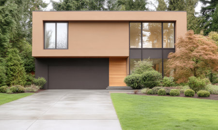 This contemporary home features clean lines and large windows surrounded by lush greenery and a manicured lawn. The driveway leads to a spacious garage blending nature and modern living.の素材