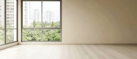 Bright open interior showcases minimalist design with large windows offering a view of green trees and nearby buildings. The space is ready for personal touches and furniture additions.の素材