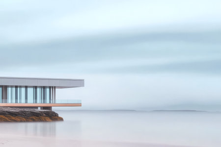A sleek modern building stands on a rocky shore surrounded by calm waters. The setting features a soft muted sky creating a serene atmosphere that enhances the architectural design.の素材