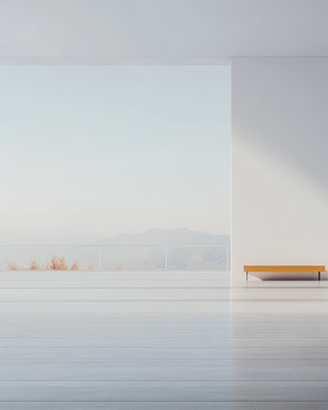 A spacious room features a minimalist bench and expansive windows allowing natural light to flood the area. A soft muted landscape is visible outside enhancing the tranquility.の素材