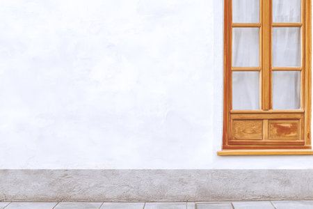 A wooden window frame with multiple panes is positioned on a bright white wall. The concrete floor is smooth creating a modern and clean appearance. Soft sunlight enhances the ambiance.の素材