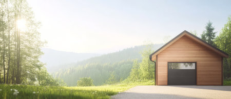 A stylish wooden garage sits peacefully in a tranquil mountain setting. Sunlight filters through trees illuminating the landscape on a clear morning showcasing nature's beauty.の素材