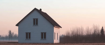 A white house is situated in a vast open field as dawn breaks. The soft light casts a warm glow highlighting the solitude of the home against the tranquil landscape.の素材