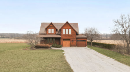 A cozy wooden house is situated in a tranquil rural area surrounded by expansive fields. The home features a spacious driveway and well-maintained landscaping perfect for relaxation.の素材