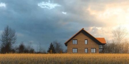 A wooden house with multiple windows is surrounded by tall grass in an open field.の素材