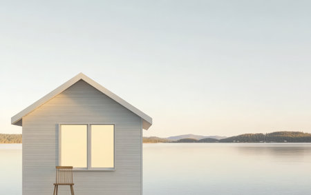 A modern minimalist house stands near a calm lake surrounded by soft mountains. The warm glow from the windows complements the peaceful atmosphere as the day transitions into evening.の素材
