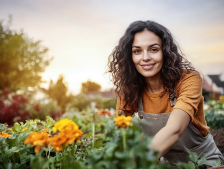 A woman smiles while kneeling among colorful flowers in a garden. The warm light of sunset creates a serene atmosphere as she cares for the plants.の素材
