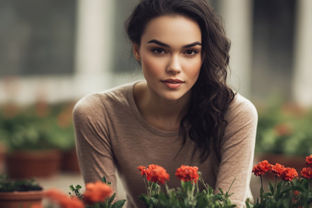 A young woman leans forward with a relaxed expression surrounded by blooming orange flowers in a lush garden. Soft light highlights her features creating a peaceful atmosphere.の素材