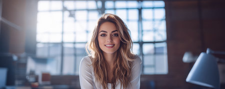 A confident young woman with wavy hair is sitting at a desk in a bright and airy office. Sunlight filters through large windows creating a warm ambiance.の素材