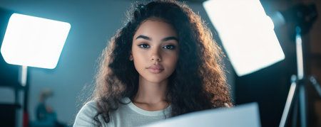 A young woman with curly hair focuses intently while holding a sheet of paper in a well-lit studio. Soft light illuminates her features creating a calm and artistic atmosphere.の素材