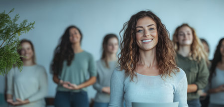 A woman with curly hair stands confidently at the front of a group all dressed in calming colors. They are engaged in a wellness workshop fostering connection and positivity.の素材