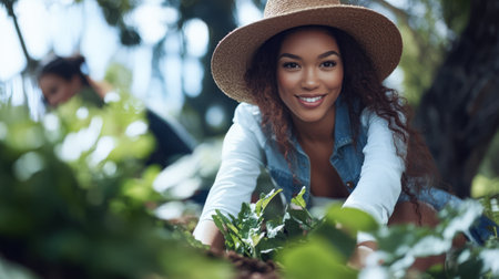 A young woman smiles while kneeling in a garden surrounded by lush green plants. Sunlight filters through the trees creating a cheerful atmosphere as she enjoys her gardening activity.の素材