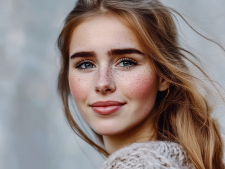 A young woman with natural freckles and flowing hair smiles gently while wearing a cozy sweater. The soft background complements her cheerful expression creating a warm atmosphere.の素材