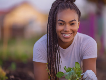 A joyful young woman smiles while tending to her plants in a lively community garden. Bright sunlight enhances the greenery around her as she enjoys her gardening activity.の素材