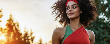 A woman stands confidently in a vibrant outfit showcasing her curly hair and warm smile against a sunset backdrop. The scene captures the essence of outdoor fitness and well-being.の素材