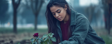 A young woman kneels in an urban garden carefully tending to a vibrant red rose while surrounded by greenery. The twilight sky adds a serene atmosphere to her gardening activity.の素材