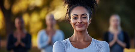 A group of individuals practices yoga outdoors during sunset. The lead instructor with curly hair smiles while others maintain a meditative pose.の素材