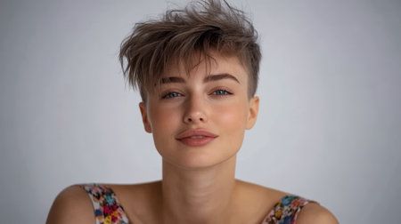 A young woman with a stylish short hairstyle sits confidently smiling softly while looking directly into the camera. The neutral studio background complements her features.の素材