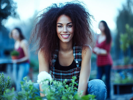 A cheerful young woman is smiling directly at the camera while kneeling in a lush community garden. Her friends are nearby engaging in planting activities.の素材