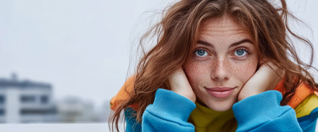 A young woman with vibrant curly hair and striking blue eyes rests her chin on her hands appearing relaxed. The background features a cityscape under cloudy skies enhancing her cheerful expression.の素材