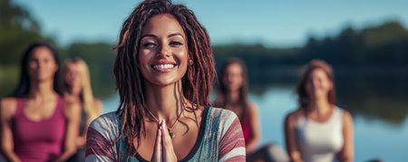 Five women engage in yoga by a tranquil lake surrounded by lush greenery. The sun casts a warm glow as they focus on their poses radiating positivity and peace.の素材