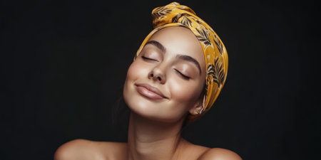 A woman with smooth skin and a warm smile wears a vibrant yellow head wrap. She exudes joy and tranquility reflecting a serene atmosphere that invites calm and happiness.の素材