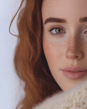 A woman with striking freckles gazes directly at the camera showcasing her natural beauty. Soft lighting highlights her features creating a warm atmosphere that captures the moment.の素材