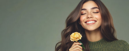 A woman with long flowing hair smiles brightly while holding a yellow flower. She appears happy and relaxed in a soft neutral-toned background exuding warmth and positivity.の素材