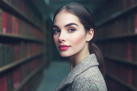 A young woman with long hair and a stylish coat stands in a library corridor surrounded by shelves full of books. She looks over her shoulder with a calm expression.の素材
