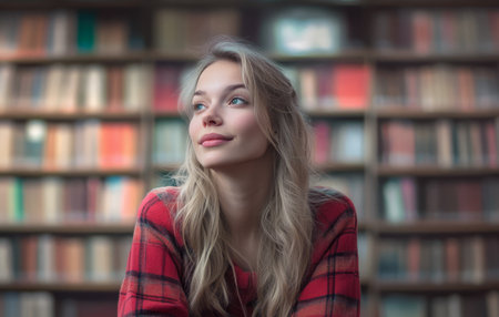 A young woman with long blonde hair gazes thoughtfully while seated in a library. The background is filled with shelves of colorful books creating an inviting atmosphere for reading.の素材