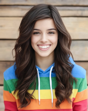 A young woman with long brown hair smiles brightly while wearing a rainbow-striped hoodie. The soft background features wooden panels enhancing the cheerful atmosphere of the moment.の素材