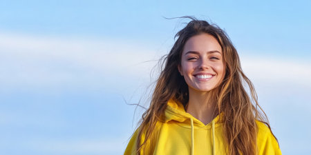 A young woman stands outside wearing a bright yellow hoodie smiling broadly against a clear blue sky. Her long hair flows gently in the wind as she embraces the cheerful weather.の素材