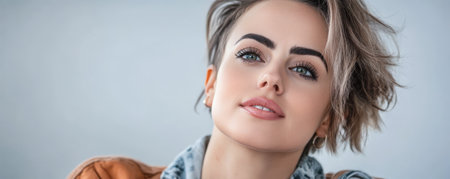 A young woman with short tousled hair gazes thoughtfully at the camera. Her expressive eyes and subtle smile convey confidence. Soft lighting enhances her features and setting.の素材