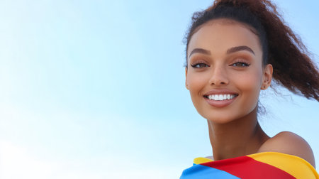 A young woman with curly hair smiles broadly showcasing a warm expression. She is wearing a vibrant multi-colored wrap while standing outdoors under a clear blue sky.の素材