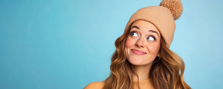 A woman with long wavy hair wears a cozy beige beanie and smiles cheerfully while looking off to the side. The bright blue background highlights her joyful demeanor.の素材