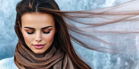 A young woman stands with her eyes gently closed allowing her hair and scarf to sway in the wind. The soft fabric flutters around her creating a serene and peaceful atmosphere.の素材