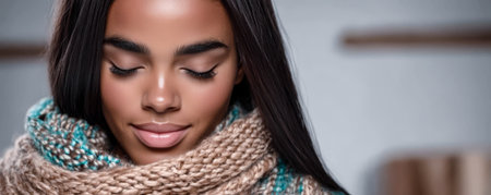 A young woman smiles gently her eyes closed while wearing a thick knitted scarf. The warm indoor environment enhances her serene expression symbolizing comfort and winter warmth.の素材