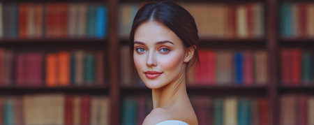 A young woman with long dark hair and striking blue eyes stands in a library her face adorned with a gentle smile. She poses confidently among the colorful rows of books.の素材