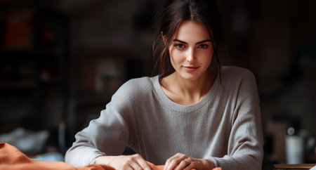A woman sits at a well-lit table concentrating on sewing fabric. She appears relaxed with soft natural light illuminating her focused expression and the materials around her.の素材