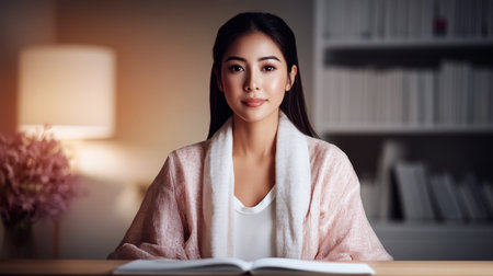 A woman sits comfortably wearing a soft robe as she reads a book in a warmly lit room. Bookshelves and a lamp create a serene atmosphere perfect for quiet contemplation.の素材