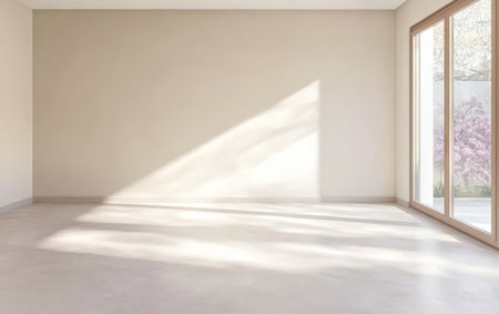 A spacious room with light-colored walls and a smooth floor is illuminated by sunlight from large windows. The area appears serene and inviting perfect for personal transformation.の素材